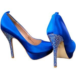 Steve Madden Posesion Royal Blue Heels Women's 9 Rhinestone Satin Sapphire Pumps